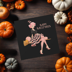 Chique Elegante Heks op Bezem & Pompoenen Hallowee Kaart