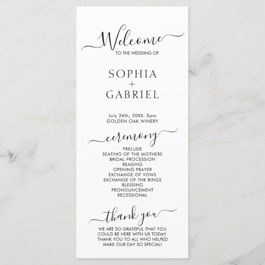 Chique Elegante Kalligrafie Script Huwelijksceremo Programmakaart (Voorkant)