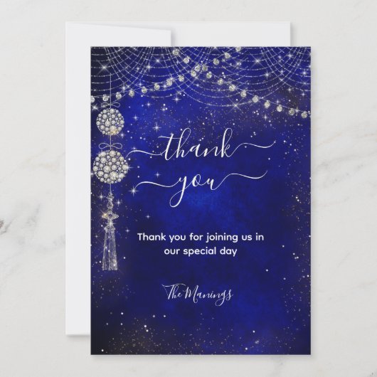 Chique elegante koninklijk blauwe ornamenten dank  kaart (Voorkant)