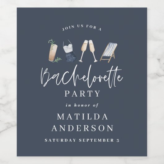 Chique elegante moderne blauwe meidengroep vrijgez wijn etiket (Enkel label)