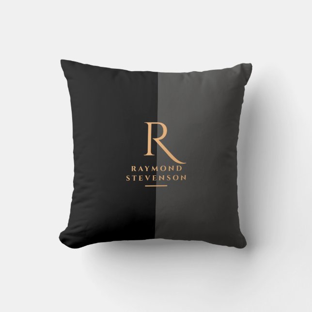 Chique Elegante Moderne Zwarte Gouden Monogram Kussen (Voorkant)