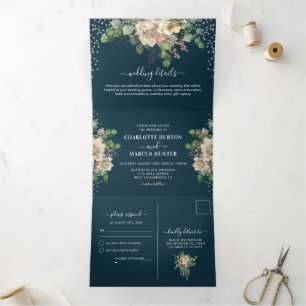 Chique Elegante Roze Bloemen & Marine Drie-Vouwen Drieluik Uitnodiging