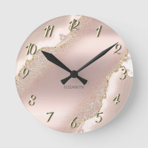 Chique Elegante Roze Gouden Glitter Marmer Ronde Klok