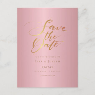 Chique Elegante Roze Gouden Script Bewaar de Datum Briefkaart