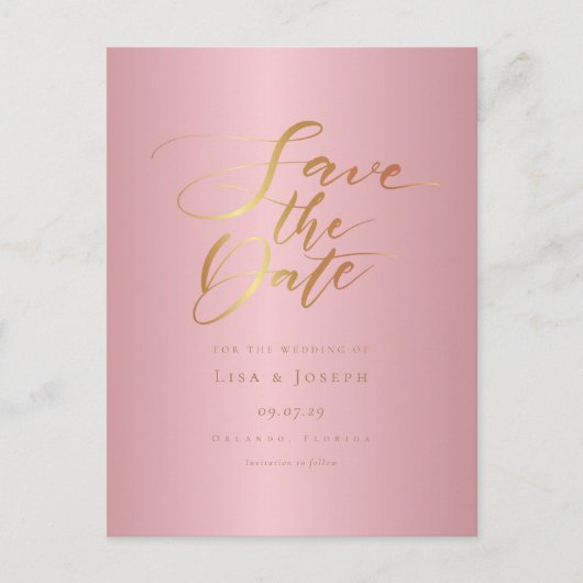 Chique Elegante Roze Gouden Script Bewaar de Datum Briefkaart (Voorkant)