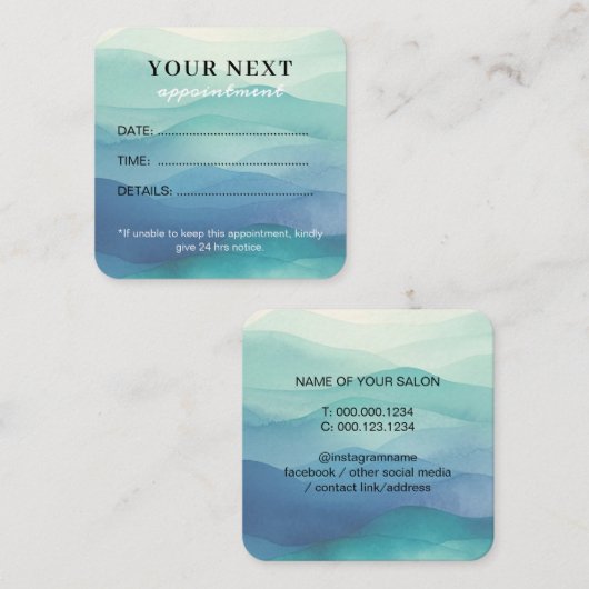 Chique Elegante Waterverf Navy Blue Beauty Salon Afsprakenkaartje (Voorkant / Achterkant)