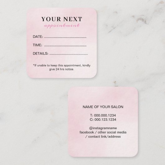 Chique Elegante Waterverf Roze Beauty Salon Afsprakenkaartje (Voorkant / Achterkant)