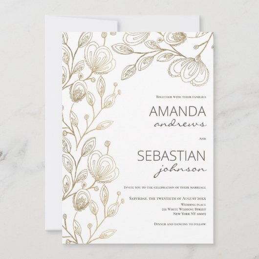 Chique elegante witgouden kant bloementhema bruilo kaart (Voorkant)