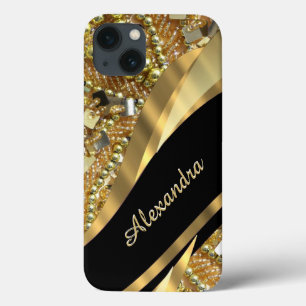 Chique elegante zwart en goud bling gepersonalisee iPhone 13 hoesje