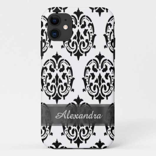 Chique elegante zwart-wit gepersonaliseerde damast Case-Mate iPhone case (Achterkant)