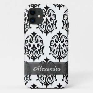 Chique elegante zwart-wit gepersonaliseerde damast iPhone 11 hoesje