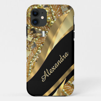 Chique elegante zwarte en gouden bling gepersonali Case-Mate iPhone case