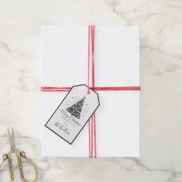 Chique Elegante Zwarte Witte Script Kerstboom Cadeaulabel