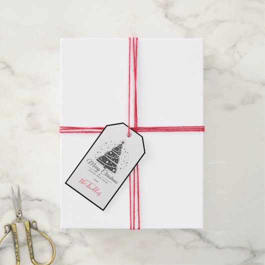 Chique Elegante Zwarte Witte Script Kerstboom Cadeaulabel (Met Touw)
