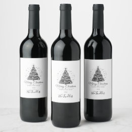 Chique Elegante Zwarte Witte Script Kerstboom Wijn Etiket