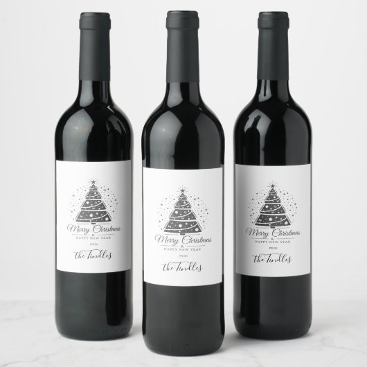 Chique Elegante Zwarte Witte Script Kerstboom Wijn Etiket (Flessen)