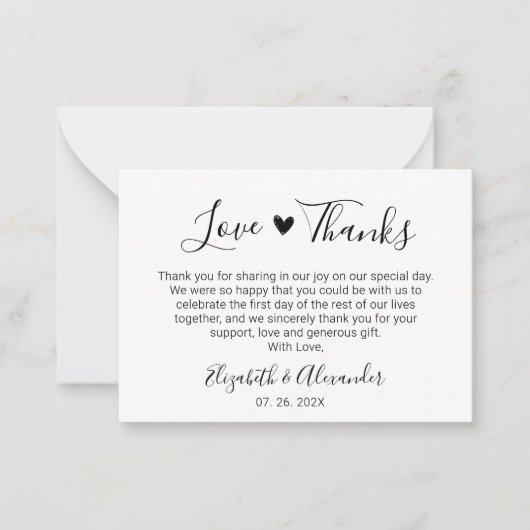 Chique elegantie hart script bruiloft dank u notitiekaartje (Voorkant)