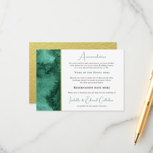 Chique Emerald Green Waterverf Wash Accommodatie Informatiekaartje (Voorkant / Achterkant in situ)