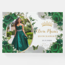 Chique Emerald Groen Bloemen Goud Quinceanera Foto Gastenboek