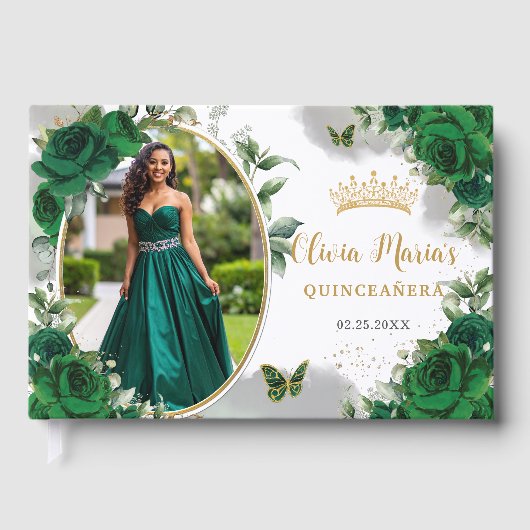 Chique Emerald Groen Bloemen Goud Quinceanera Foto Gastenboek (Voorkant)