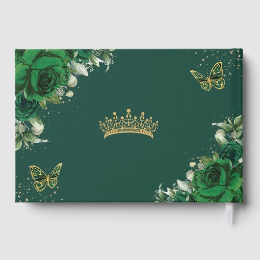 Chique Emerald Groen Bloemen Goud Quinceanera Foto Gastenboek (Achterkant)