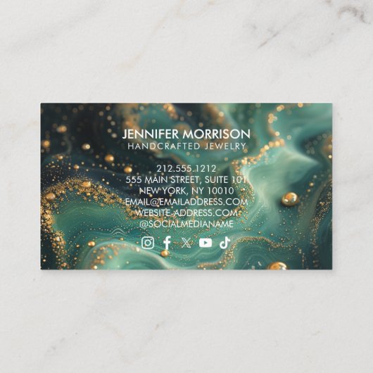 Chique Emerald Groen Malachiet Gouden Glitter Sier Visitekaartje (Achterkant)