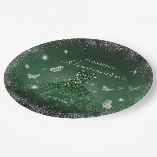 Chique Emerald Groen Zilver Glitter Gown Quinceañe Papieren Bordje (Gekanteld)