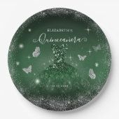 Chique Emerald Groen Zilver Glitter Gown Quinceañe Papieren Bordje (Voorkant)