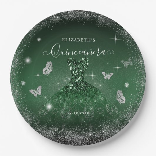 Chique Emerald Groen Zilver Glitter Gown Quinceañe Papieren Bordje (Voorkant)