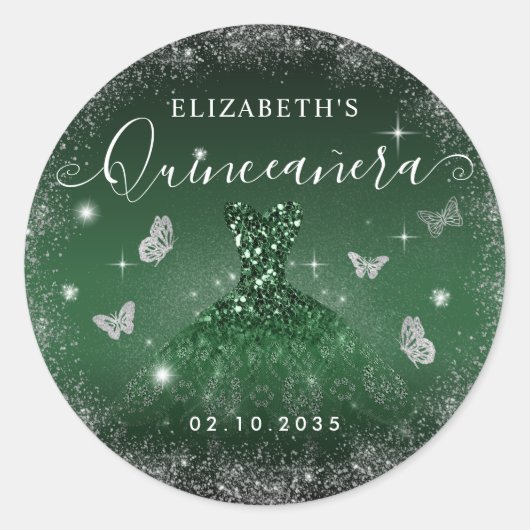 Chique Emerald Groen Zilver Glitter Gown Quinceañe Ronde Sticker (Voorkant)