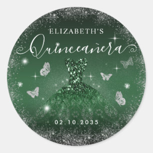 Chique Emerald Groen Zilver Glitter Gown Quinceañe Ronde Sticker