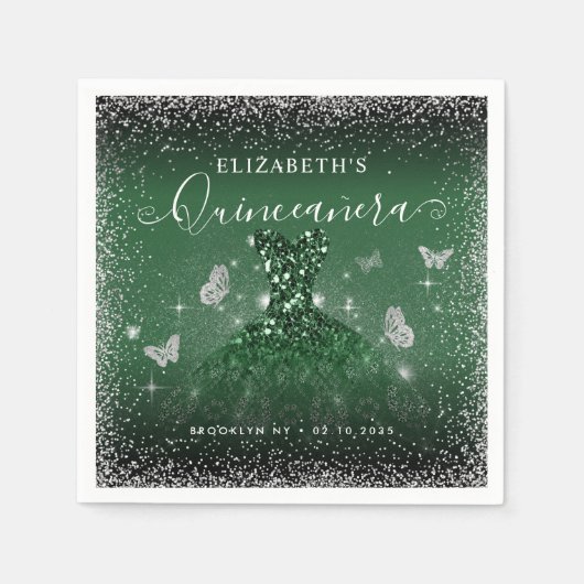 Chique Emerald Groen Zilver Glitter Gown Quinceañe Servet (Voorkant)