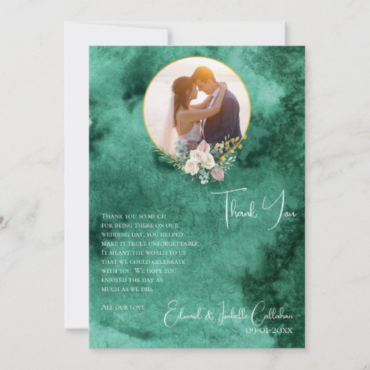 Chique Emerald Groene Kleur Wassen Custom Foto Bru Bedankkaart (Voorkant)