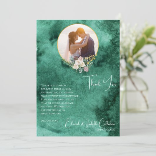 Chique Emerald Groene Kleur Wassen Custom Foto Bru Bedankkaart (Staand voorkant)