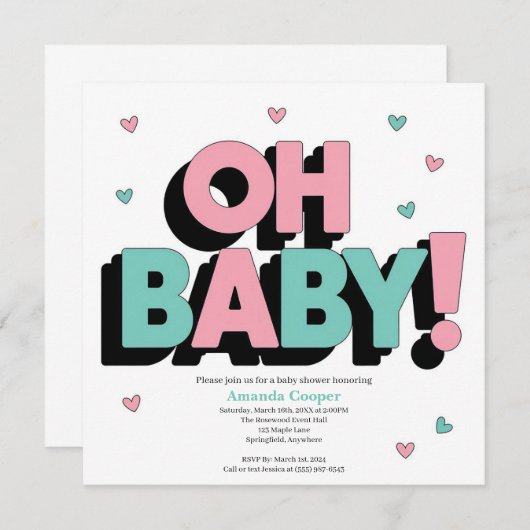 Chique en speelse Baby shower uitnodiging - Oh Bab (Voorkant / Achterkant)