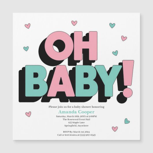 Chique en speelse Baby shower uitnodiging - Oh Bab Magnetische Uitnodiging (Voorkant)