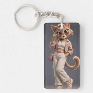 Chique en stijlvol 3D geanimeerd kat karakterontwe Sleutelhanger