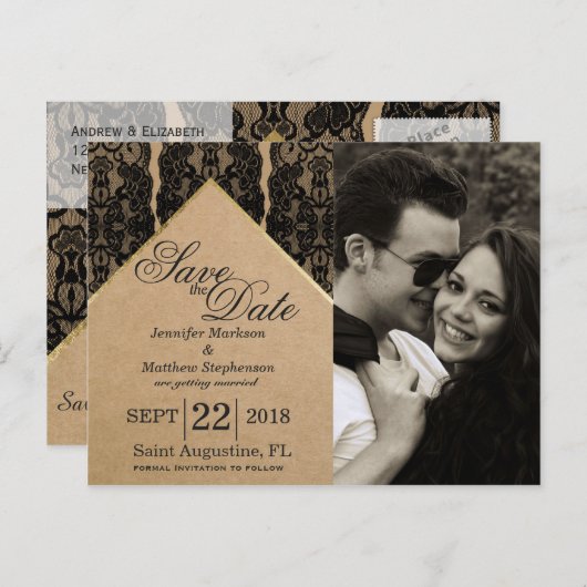 Chique en stijlvol zwart kant, goud en gerecycled aankondigingskaart (Voorkant / Achterkant)