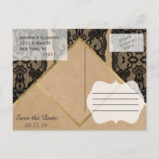 Chique en stijlvol zwart kant, goud en gerecycled  aankondigingskaart (Achterkant)