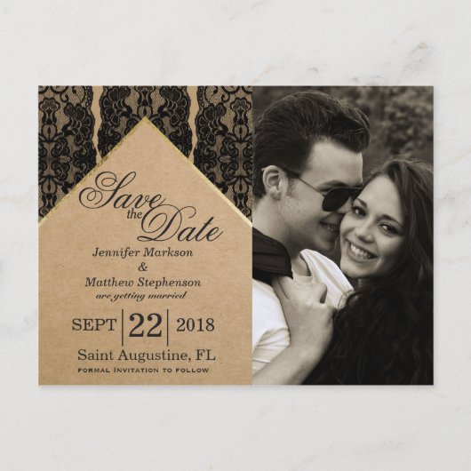 Chique en stijlvol zwart kant, goud en gerecycled aankondigingskaart (Voorkant)