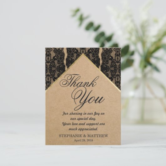 Chique en stijlvol zwart kant, goud en gerecycled  bedankkaart (Staand voorkant)