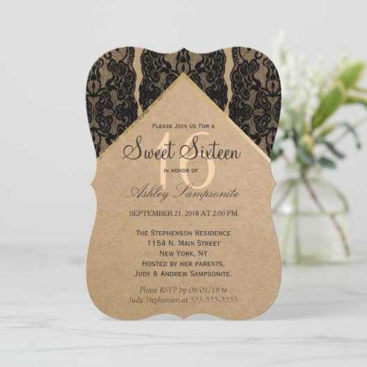 Chique en stijlvol zwart kant, goud en gerecycled  kaart (Staand voorkant)