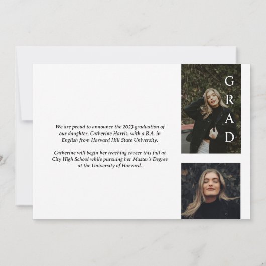 Chique en stijlvolle foto Afstuderen Aankondiging (Achterkant)
