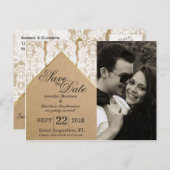 Chique en stijlvolle witte kant, goud en gerecycle aankondigingskaart (Voorkant / Achterkant)