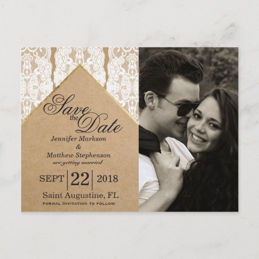 Chique en stijlvolle witte kant, goud en gerecycle aankondigingskaart (Voorkant)