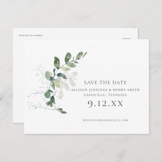 Chique Eucalyptus groen bruiloft Save the Date Aankondigingskaart (Voorkant / Achterkant)