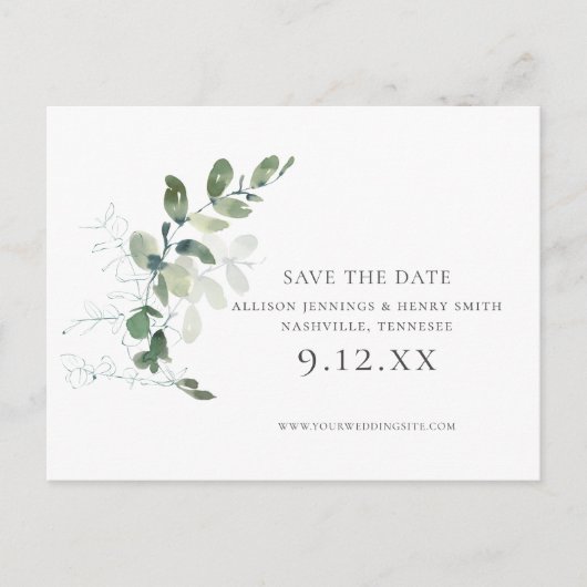 Chique Eucalyptus groen bruiloft Save the Date Aankondigingskaart (Voorkant)