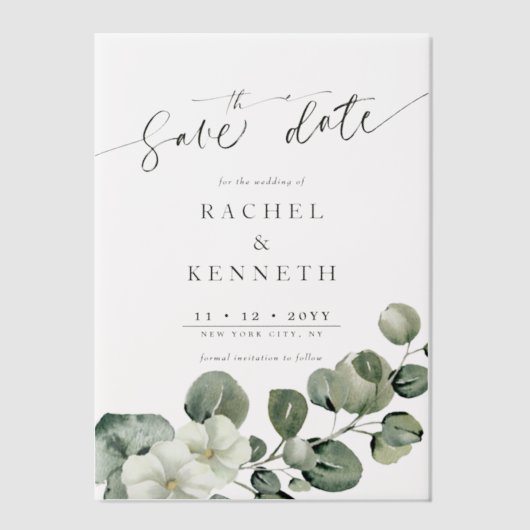 Chique Eucalyptus groen bruiloft Save the Date Vellum Uitnodigingen (Voorkant)