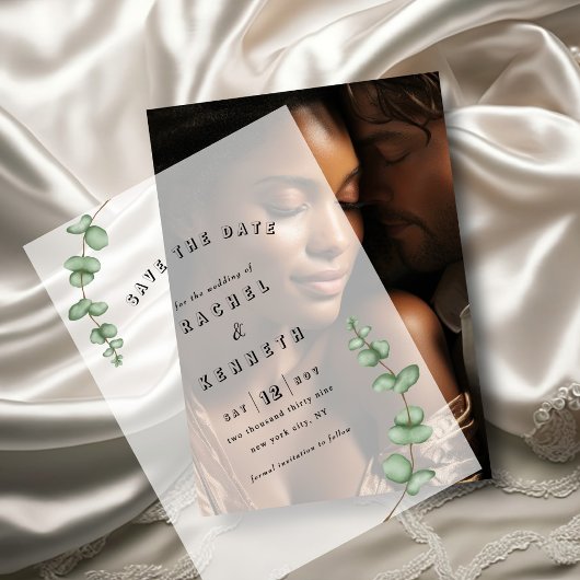 Chique Eucalyptus groen bruiloft Save the Date Vellum Uitnodigingen