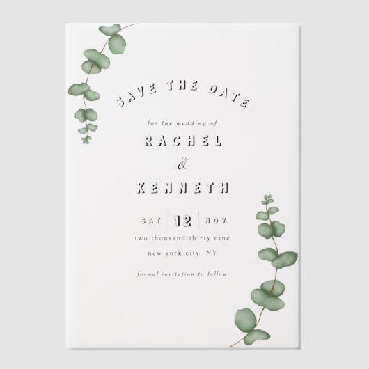 Chique Eucalyptus groen bruiloft Save the Date Vellum Uitnodigingen (Voorkant)